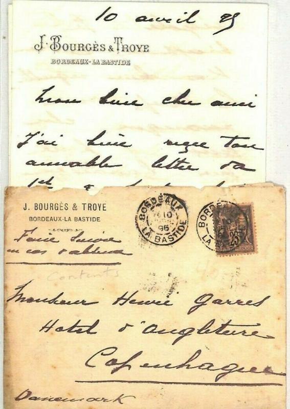 FRANCE Bordeaux Cover Contents DENMARK Copenhagen 1896 {samwells-covers} CG213