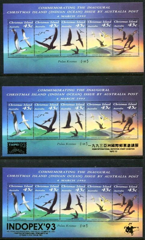 Christmas Island 349f,349g,349h, MNH TAIPEI-1993, INDONESIA-1993. Birds x16310