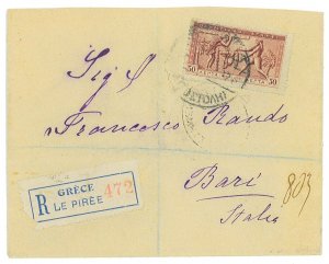 P3392 - GREECE, 50 LEPTA, ON REGISTERED LETTER TO BARI. VERY LATE USE (1915)-