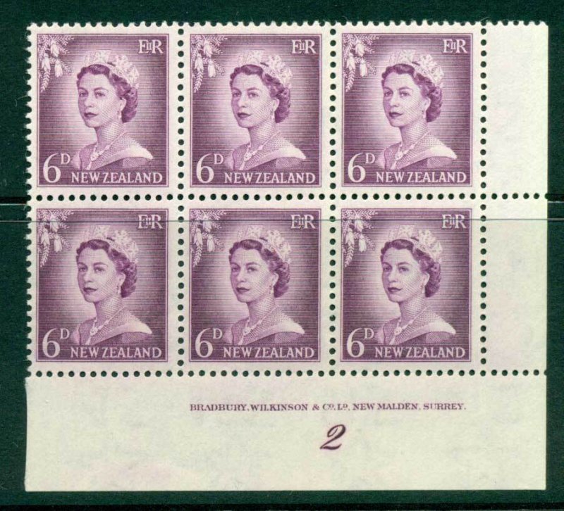 New Zealand 1955 QEII Redrawn 5d Mauve Plate 2 Block 6 MH/MUH Lot25597