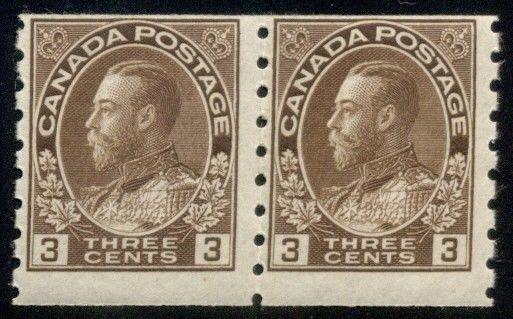 CANADA #129 3¢ brown, p. 8 ½ vert, pair, og, NH, F/VF, Scott $120.00