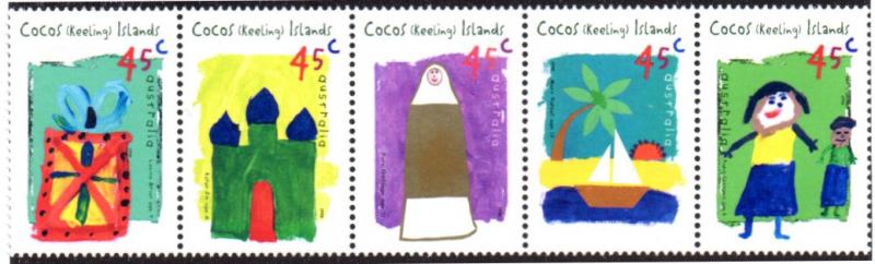 COCOS ISLAND 326 MH STRIP/5 SCV $4.75 BIN $2.25 CHILDREN'S ART