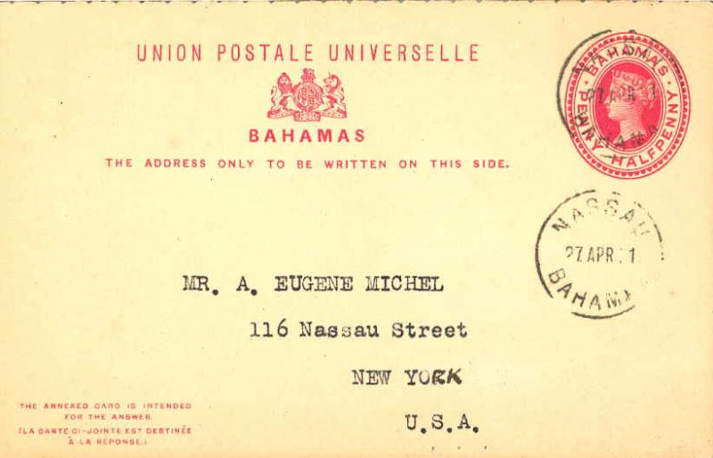 Bahamas 1d QV Attached Reply Postal Card 1901 Nassau, Bahamas to New York, N....