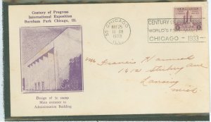 US 729 1933 3c Century of Progress on an addressed FDC with a Chicago, IL Century of Progress machine cancel with a Roessler c