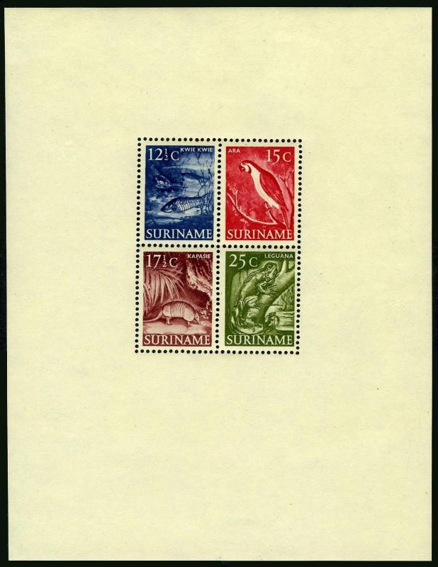 Surinam 263a sheet,MNH.Michel Bl.1 Armored Catfish,Macaw,Armadillo,Common Iguana