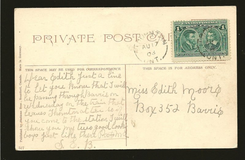 Canada 97 on Postmarked 1908 Postcard Used