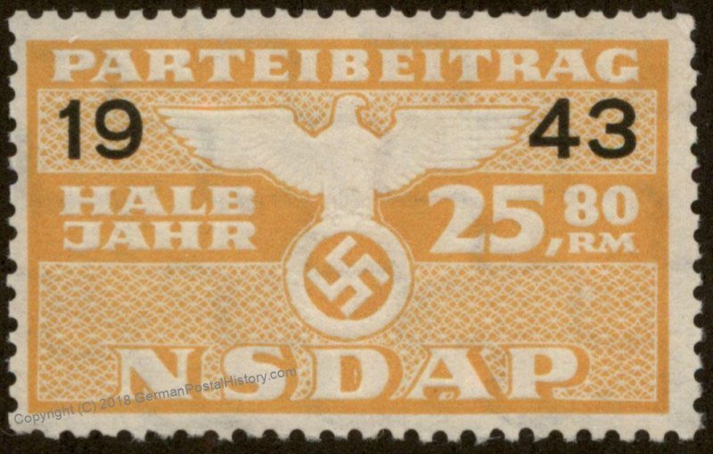 Germany NSDAP Party 1943 25.80RM Dues Revenue Membership Stamp 96222