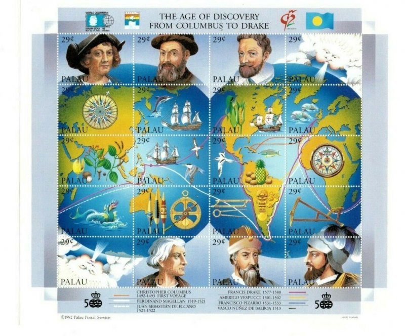 Palau - 1992 - Christopher Columbus - Sheet of 20 stamps - Scott #302 - MNH
