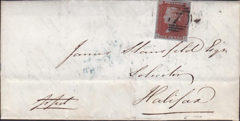 Great Britain 1846 Queen Victoria 1d Bluish Folded Letter  Beverley to Halifax.