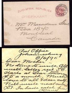 Johannesburg ZAR South Africa cover #12645-postal stationery Jun 3 1895-to Canad