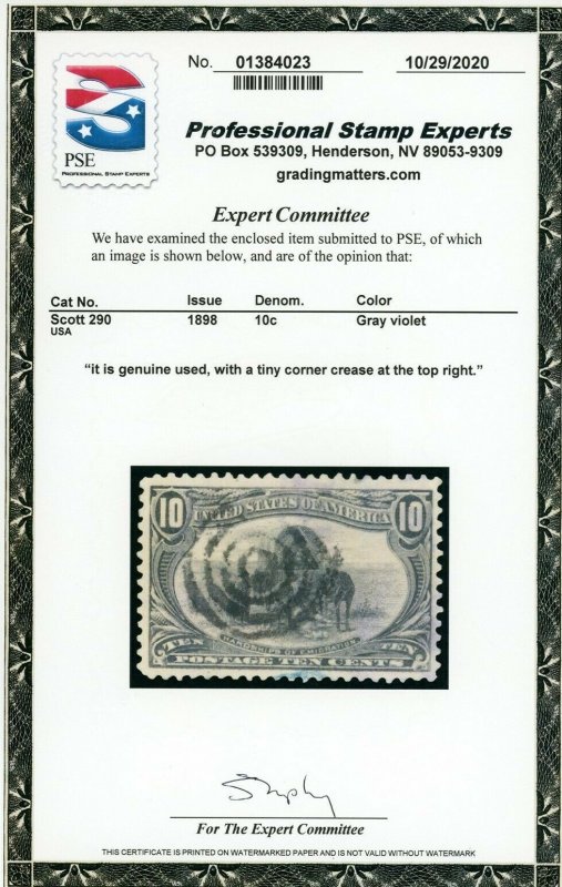 US Stamp #290 Emigration 10c, PSE Cert - USED - SMQ $50.00 