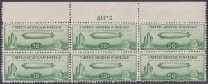 #C18 VF-XF OG NH WITH NATURAL GUM SKIPS PLATE #21172 BLOCK OF 6 CV $725 HV7269