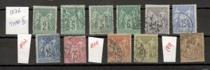 FRANCE - 11 USED STAMPS - TYPE II - PEACE & COMMERCE - VARIETY -  1876/1881.