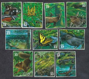 United States #3378a-j 33¢ Pacific Coast Rainforest (2000). Ten singles. MNH