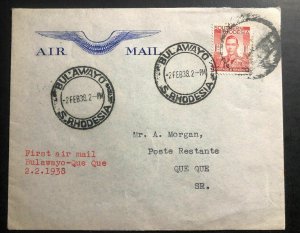 1938 Bulawayo Rhodesia First Flight Airmail Cover FFC To Queque