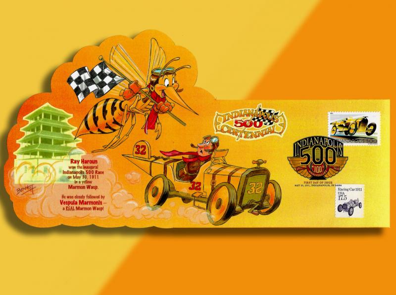 Indianapolis 500 Centennial -- Racer Chased By Giant Bug on Colorful Pop-Up  FDC