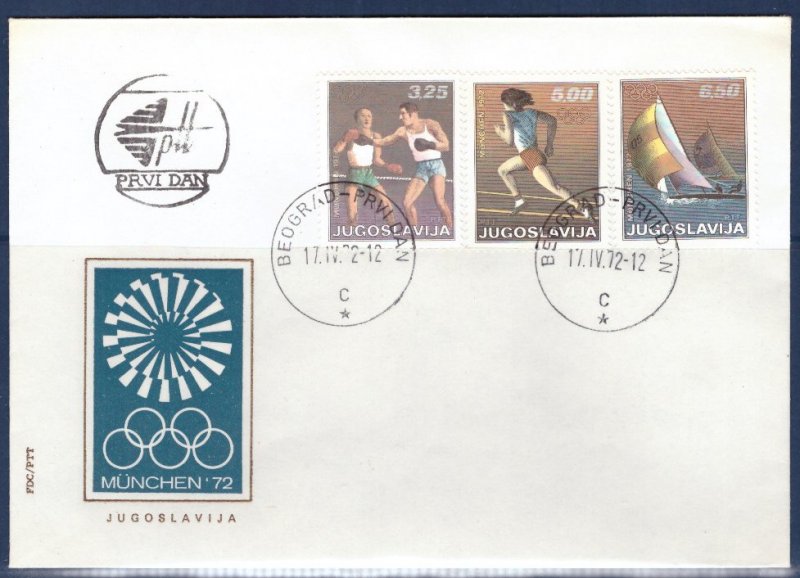 F371   YUGOSLAVIA   FDC # 1096, 1097, 1098    XX Summer Olympic Games - Munich