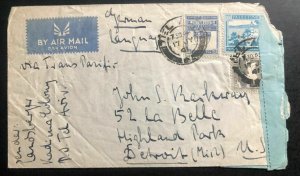 1941 Tel Aviv Palestine Airmail Censored Cover To Detroit MI USA Via Singapore