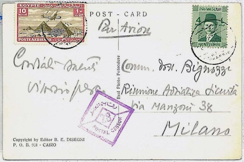 EGYPT -  POSTAL HISTORY: postcard to ITALY : CENSOR POSTMARK 