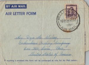 New Zealand 8c KGVI 1954 Wellington C 1, Airmail to Lima, Ohio.  Brown stain ...