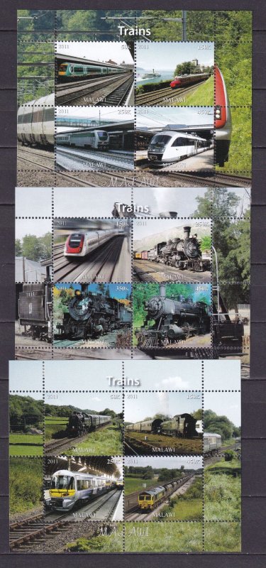 Malawi 2011 Trains Stamps Sheets lot of 3 MNH {11-4}