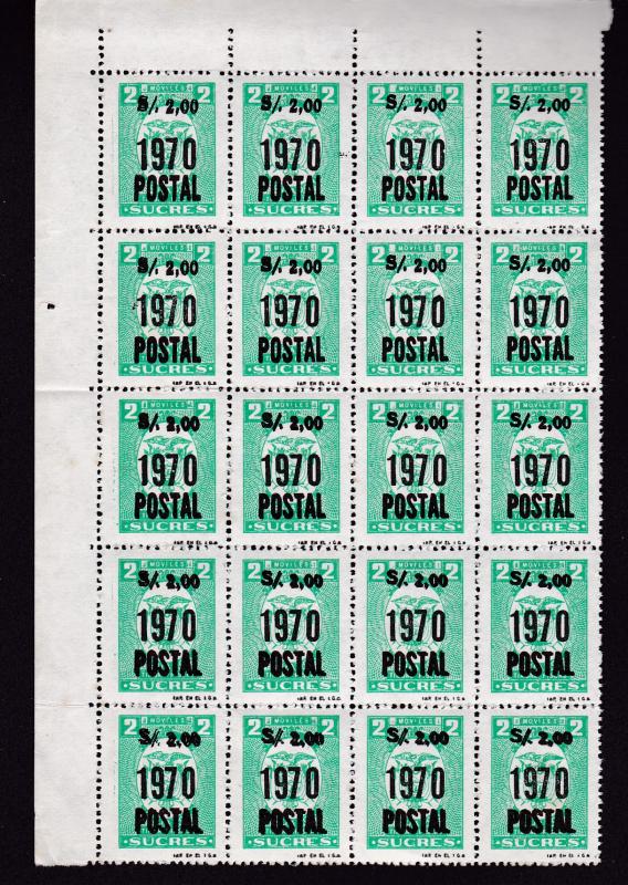 Ecuador a 1970 part sheet with doubling in overprint