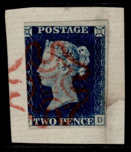 GB QV SG4, SCARCE 2d deep full blue PLATE 1, USED. Cat £1250. RED MX. ON PIECE. 