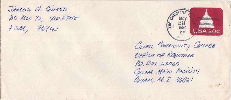 Caroline Islands 20c Capitol Dome Envelope 1984 Yap Caroline Islands 96943 to...