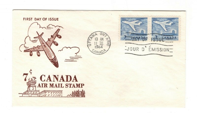 Canada 1964 7c Airmail  #414 pair FDC Ginn cachet unaddressed 