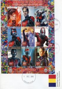 Chad 2018 FDC Antman Stan Lee Superheroes 9v M/S Cover Comics Movies Stamps