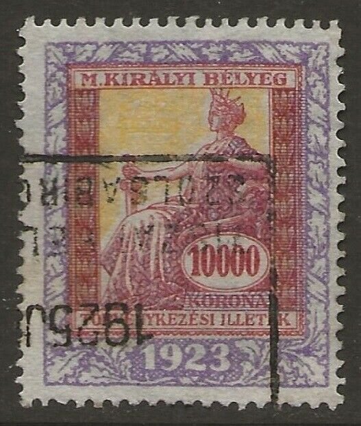Hungary 1923 JUDICIAL Revenue 10,000K Barefoot #26 F/VF Used CV £5.00