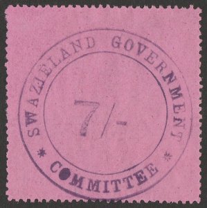 SWAZILAND 1890 'Swaziland Government Committee' 7/- on rose Revenue. Rare.