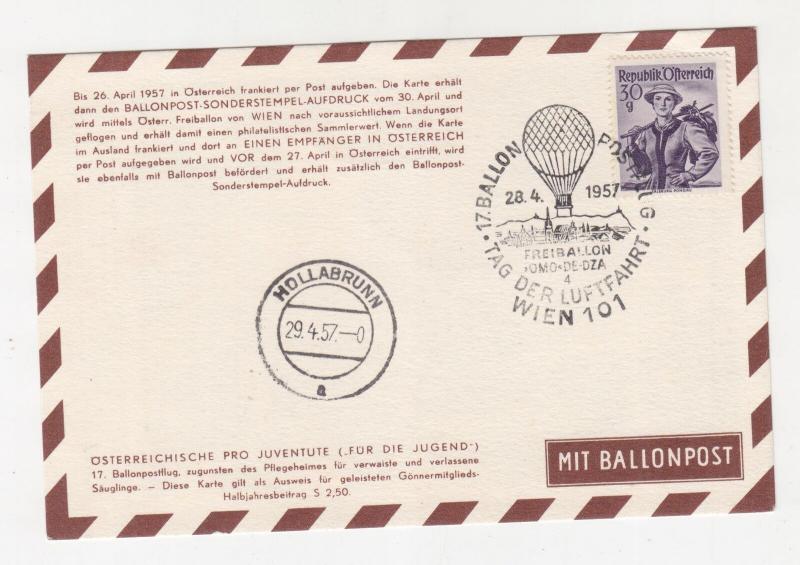 AUSTRIA, 1957 Balloon Post Card, Vienna to Hollabrunn.