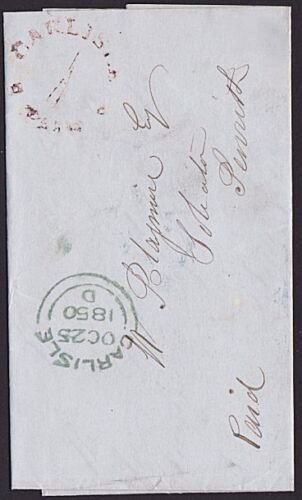 GB 1850 Folded entire CARLISLE / 1 / PAID in red to Penrith.................6423 