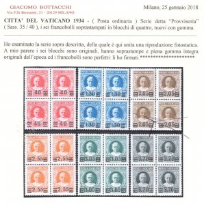 1934 Vatican N°35/40 Provisional Quartina Certificate Banta MNH