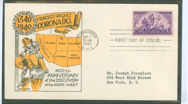 US 898 1940 3c 400th Anniversary of the Coronado Expedition (single) on an addressed (typed) FDC with a Linprint cachet