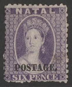 NATAL 1869 'POSTAGE' on QV Chalon 6d violet, wmk crown CC reversed, SG type 7e.