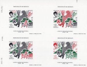 MONACO 1990 WORLD CUP ITALY '90 S/S BLOCK OF 4 UNCUT IMPERFORATED MNH VF