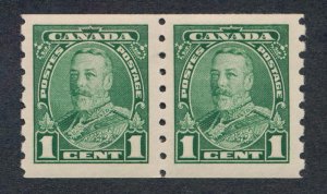 CANADA 228 MINT VF HINGED 1c GREEN COIL PAIR KGV