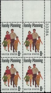 Scott # 1455 1972 8c multi Litho& Family Striding Forward  ; TAGGED Plate Blo...