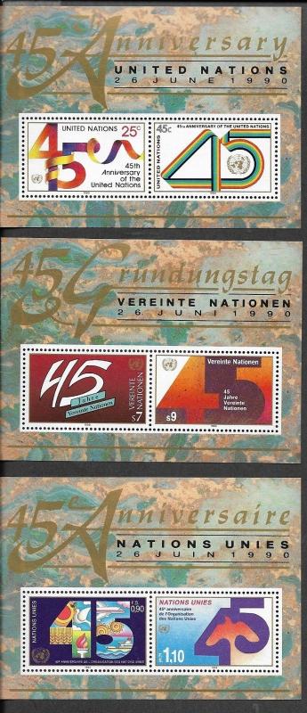 United Nations 1990 45th Anniversary of UN Souvenir Sheets sc# n579 g190 v105 