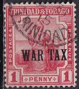 Trinidad & Tobago MR1 (used) 1p Britannia, scar, ovptd WAR TAX (1917)