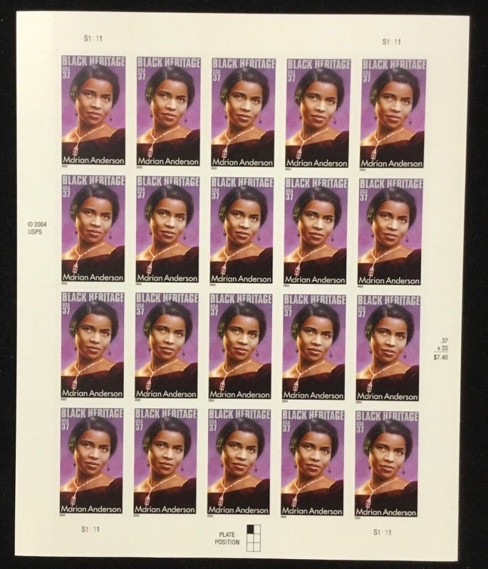 3896    Marion Anderson Singer    MNH  37¢ sheet of 20    Issued in 2005