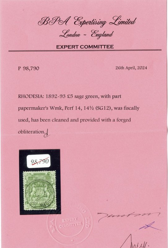 RHODESIA 1892 ARMS £5 FISCAL CLEANED AND FAKE PMK ADDED CERTIFICATE