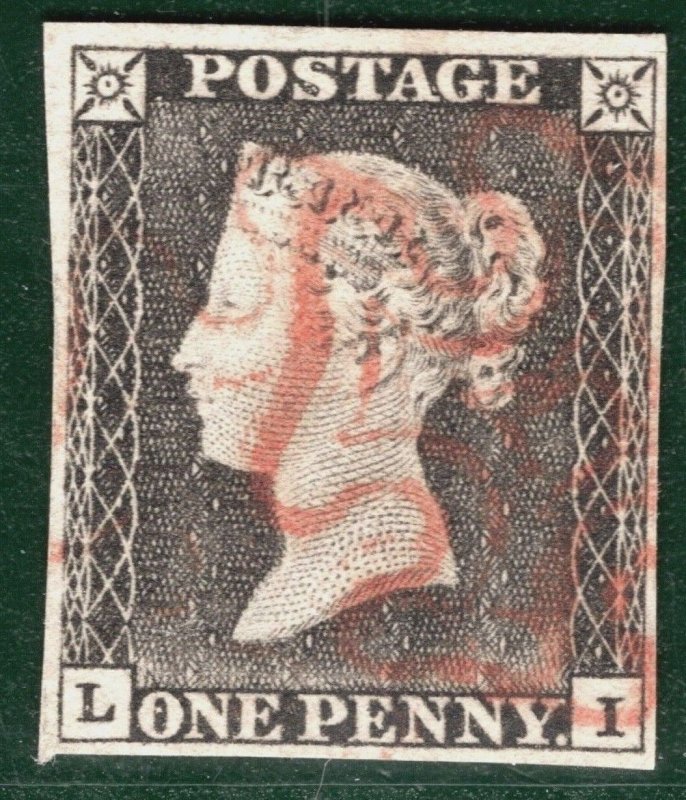 GB PENNY GREY-BLACK 1840 QV SG.3 1d Plate 1a (LI) Used Red MX Cat £525 BRRED66