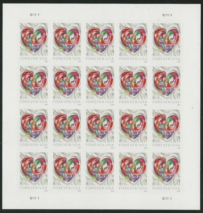 US #5036a 49c  Quilled hearts, VF NH IMPERF SHEET of 20, LIMITED SUPPLY, Rare...