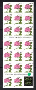 U.S. #2492a MINT, NH 32 CENT PINK ROSE BOOKLET PANE - PRICED AT FACE VALUE !