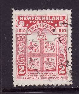 Newfoundland-Sc#88-used 2c carmine Coat-of-Arms-1910-id#14-