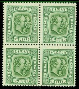 ICELAND #102 (94) 5aur Two King, Blk of 4, LH/NH, scarcer multiple Facit $950.00