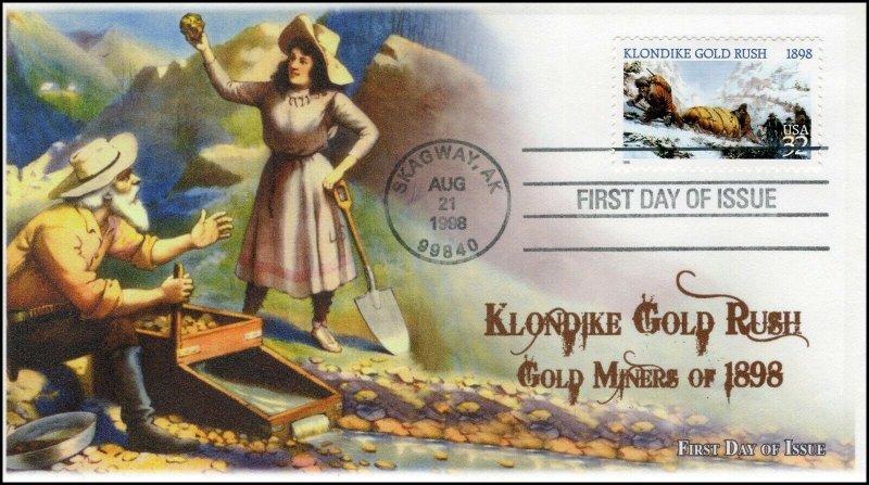 A0-3235, 1998, Gold Miners, FDC, SC 3235,  Add on Cachet, Klondike Gold Rush